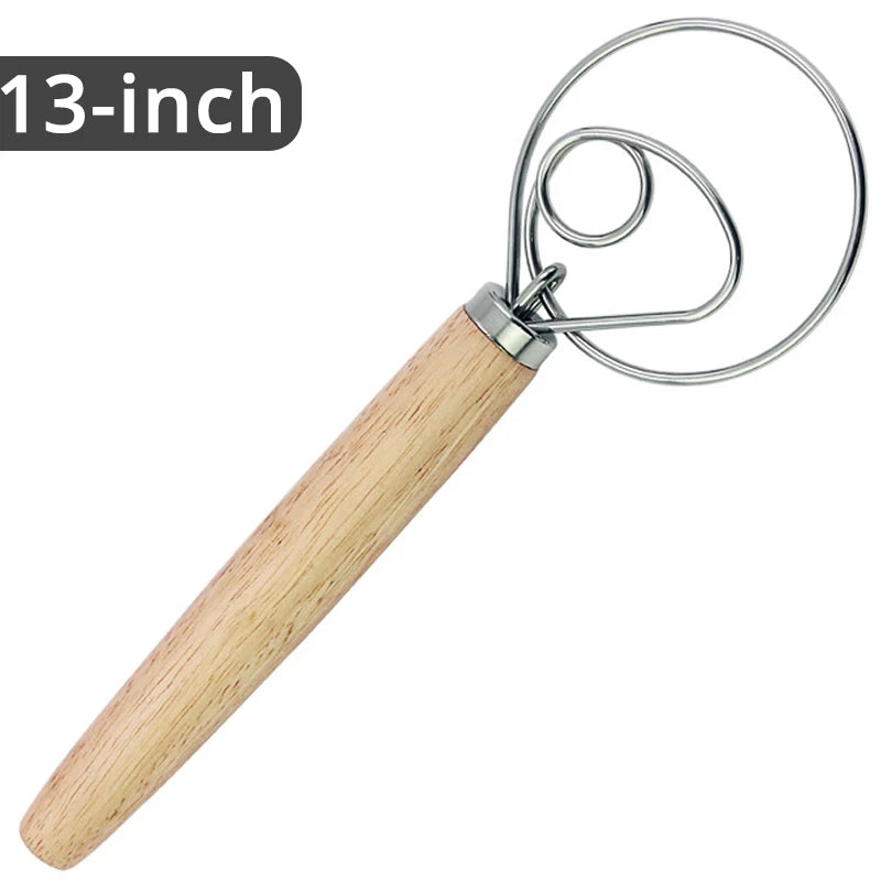 10Inch Danish Dough Whisk Stainless Steel Dutch Style Bread Dough Hand Mixer Wooden Handle Kitchen Baking Tools Artisian Blender