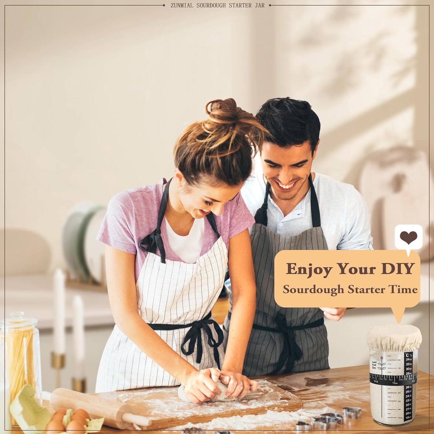 Sourdough Starter Kit, 34OZ Sourdough Starter Jar with Date Marked Feeding Band, Thermometercloth Cover & Metal Lid, Reusable Sourdough Bread Baking Supplies, Home Baking Gifts