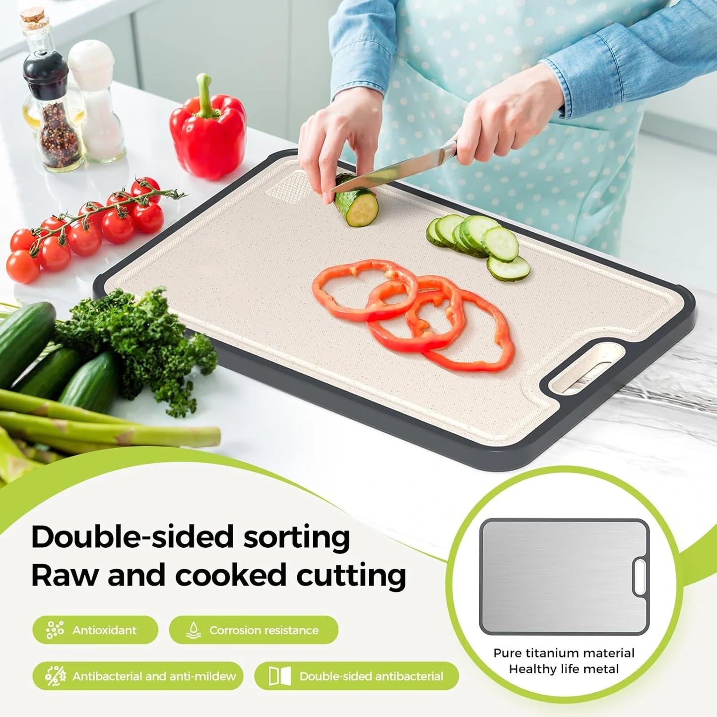 Double-Sided Titanium Cutting Board - Durable, Easy to Clean, Food Grade with Wheat Straw PP for Your Kitchen