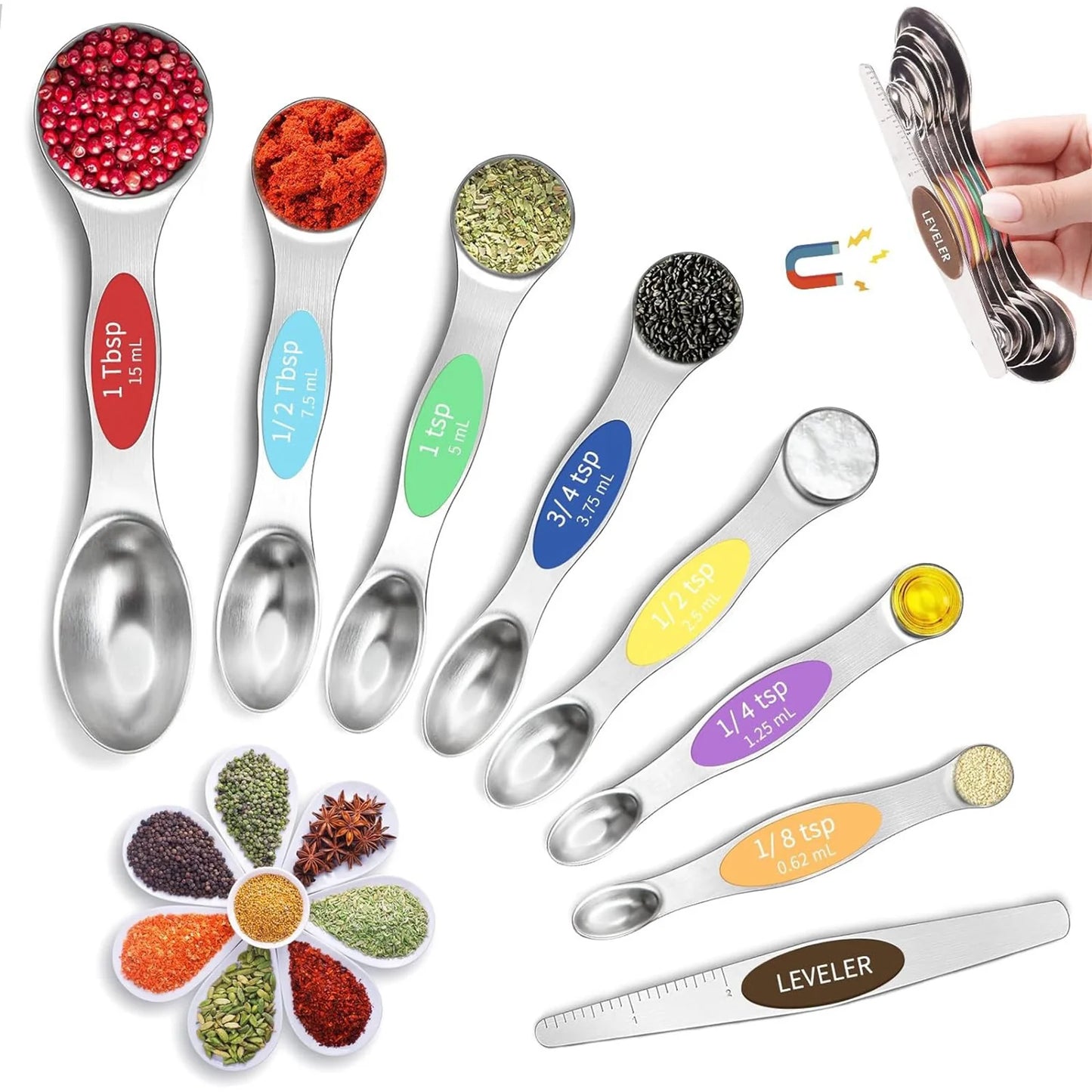 8Pcs Stainless Steel Measuring Spoons Set,Dual-Head Design with Magnetic Storage and Built-In Leveler for Precise Measuring