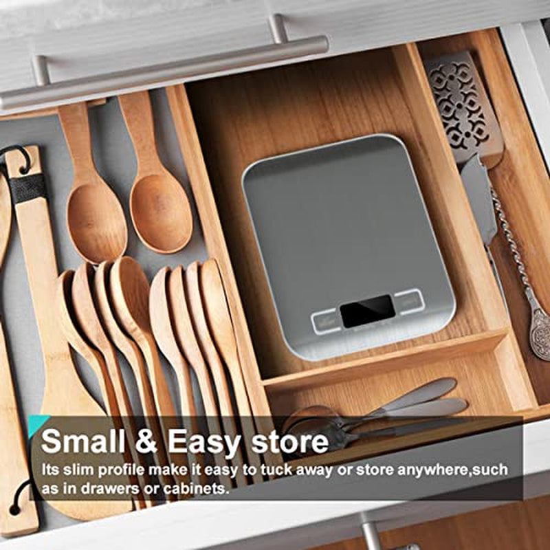 Digital Kitchen Scale,Food Scale for Meat Baking Weight,Unit Gram OZ Lb up 11 Lb(1G-5Kg),Silver Stainless Steel Anti-Fingerprint with Accuracy LCD Display for Cooking White(Include AAA Battery)