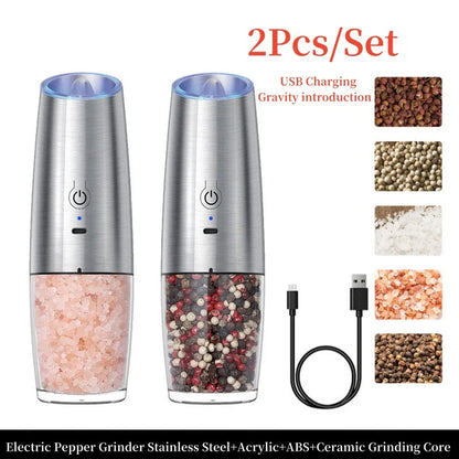 Gravity Induction Electric Salt and Pepper Grinder, USB Charging, Spice Shakers, Kitchen Tool, Pepper Mill Set, Seasoning Bottle