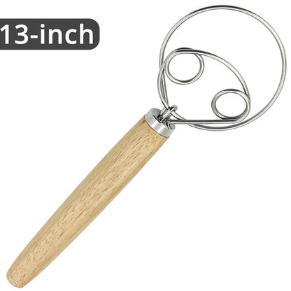 10Inch Danish Dough Whisk Stainless Steel Dutch Style Bread Dough Hand Mixer Wooden Handle Kitchen Baking Tools Artisian Blender