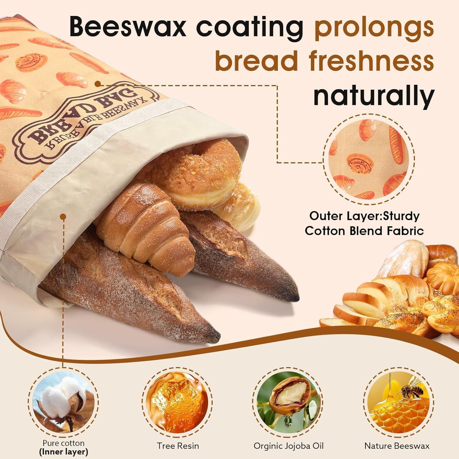 2 Pack Beeswax Bread Bags for Sourdough Homemade Bread, XL Cotton Lining Sourdough Reusable Natural Beeswax Bread Storage Bag, Keep Fresh and Upgraded Large Capacity Portable