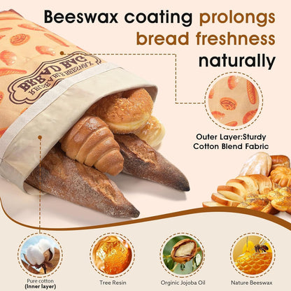 2 Pack Beeswax Bread Bags for Sourdough Homemade Bread, XL Cotton Lining Sourdough Reusable Natural Beeswax Bread Storage Bag, Keep Fresh and Upgraded Large Capacity Portable