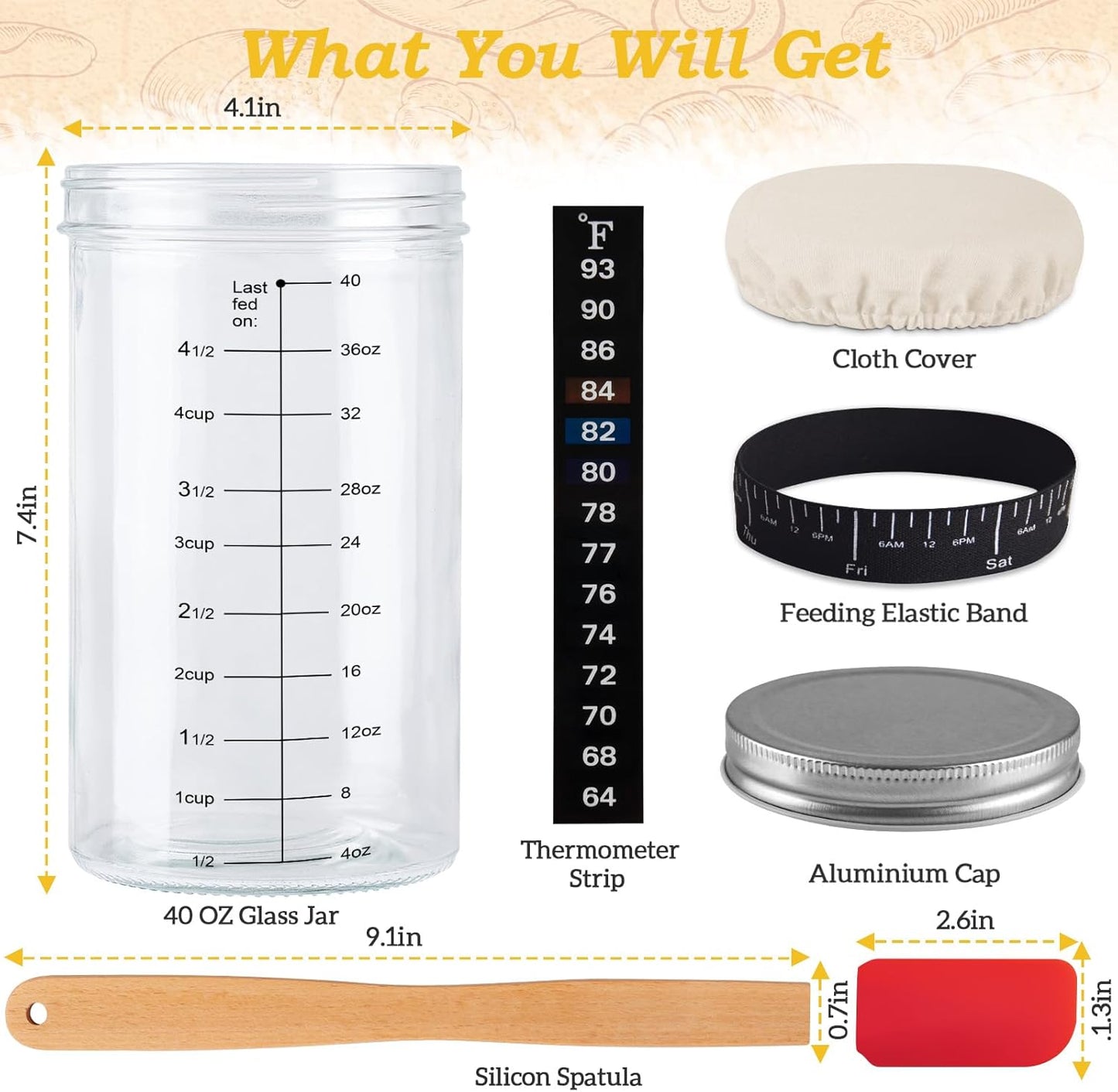 40Oz/1200Ml Sourdough Starter Kit – Extra Thermometer Strips and Breathable Covers Included in Sourdough Starter Jar – a Perfect Sourdough Bread Starter Kit for Beginners to Expert