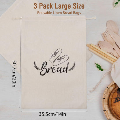 3 Pack Linen Bread Bags for Homemade Bread, Reusable Sourdough Bread Bags with P