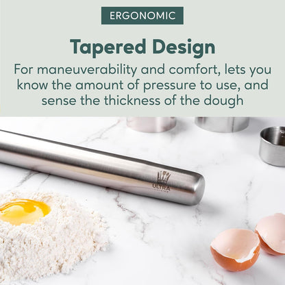 French Rolling Pin for Baking – Use with Pizza, Cookie, and Pastry Dough, Fondant and Pie Crust – Tapered Design Bread Roller Pin, Stainless Steel 15.75-Inch Large Roller Pin