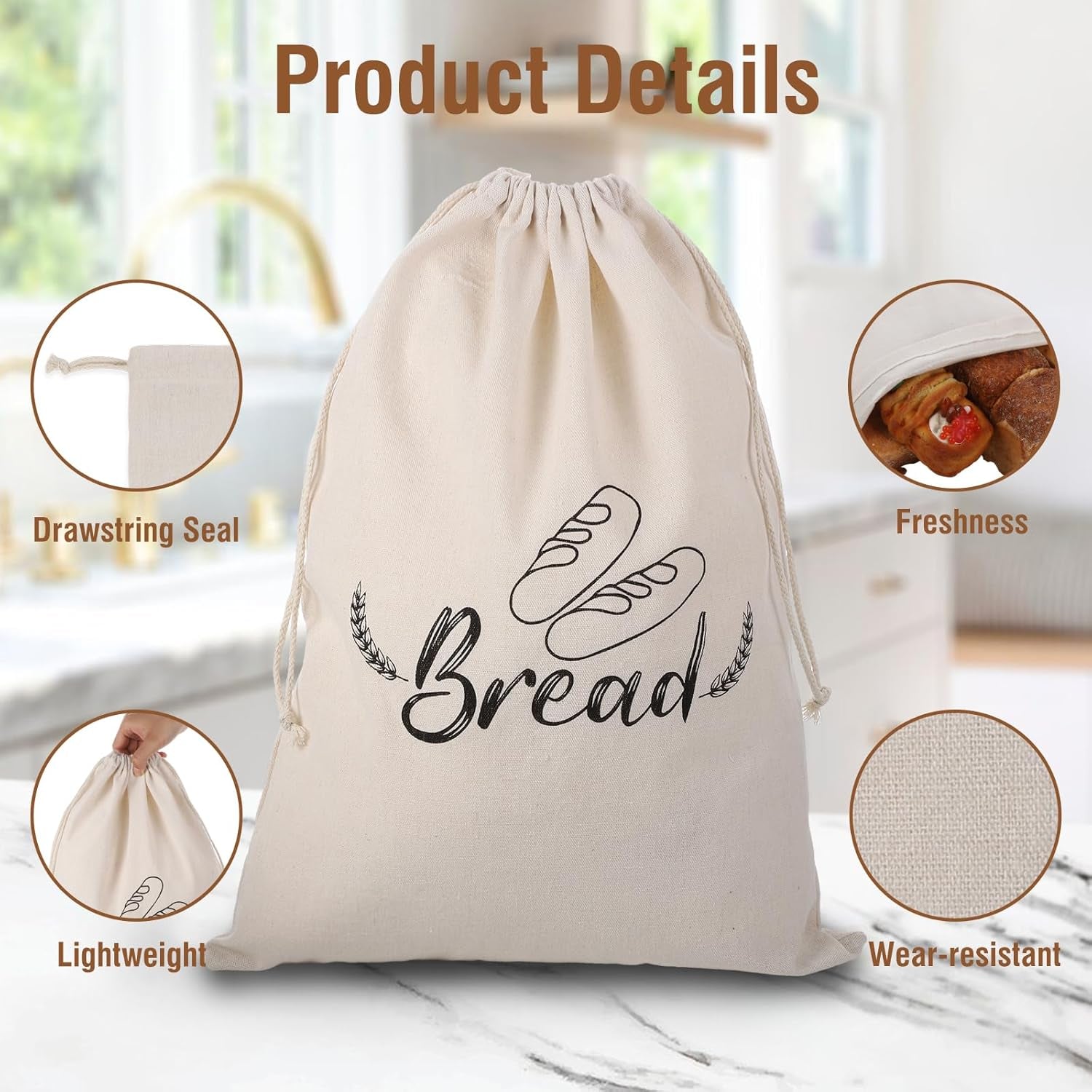 3 Pack Linen Bread Bags for Homemade Bread, Reusable Sourdough Bread Bags with P