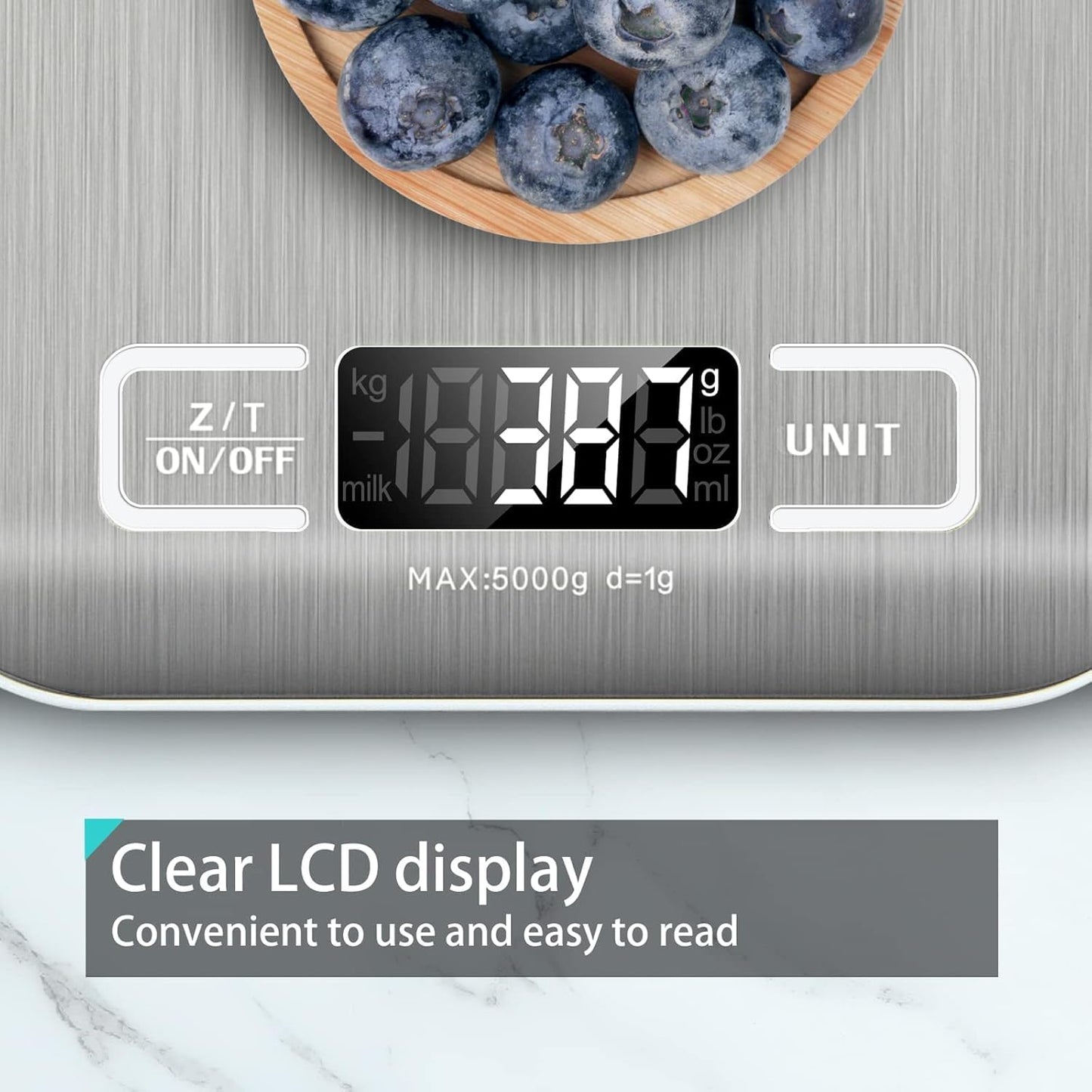 Digital Kitchen Scale,Food Scale for Meat Baking Weight,Unit Gram OZ Lb up 11 Lb(1G-5Kg),Silver Stainless Steel Anti-Fingerprint with Accuracy LCD Display for Cooking White(Include AAA Battery)