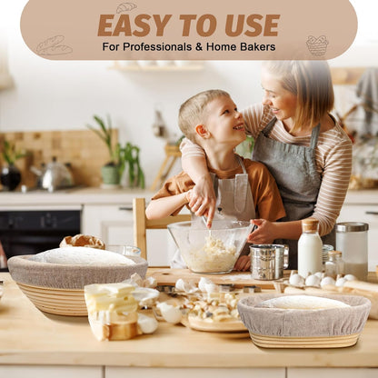 Sourdough Proofing Basket Gift Set, 9" round and 10" Oval Banneton Bread Baking Supplies, Sourdough Baskets with Bread Lame, Danish Whish, Bowl Scraper, Sourdough Scraper, and Linen Liners