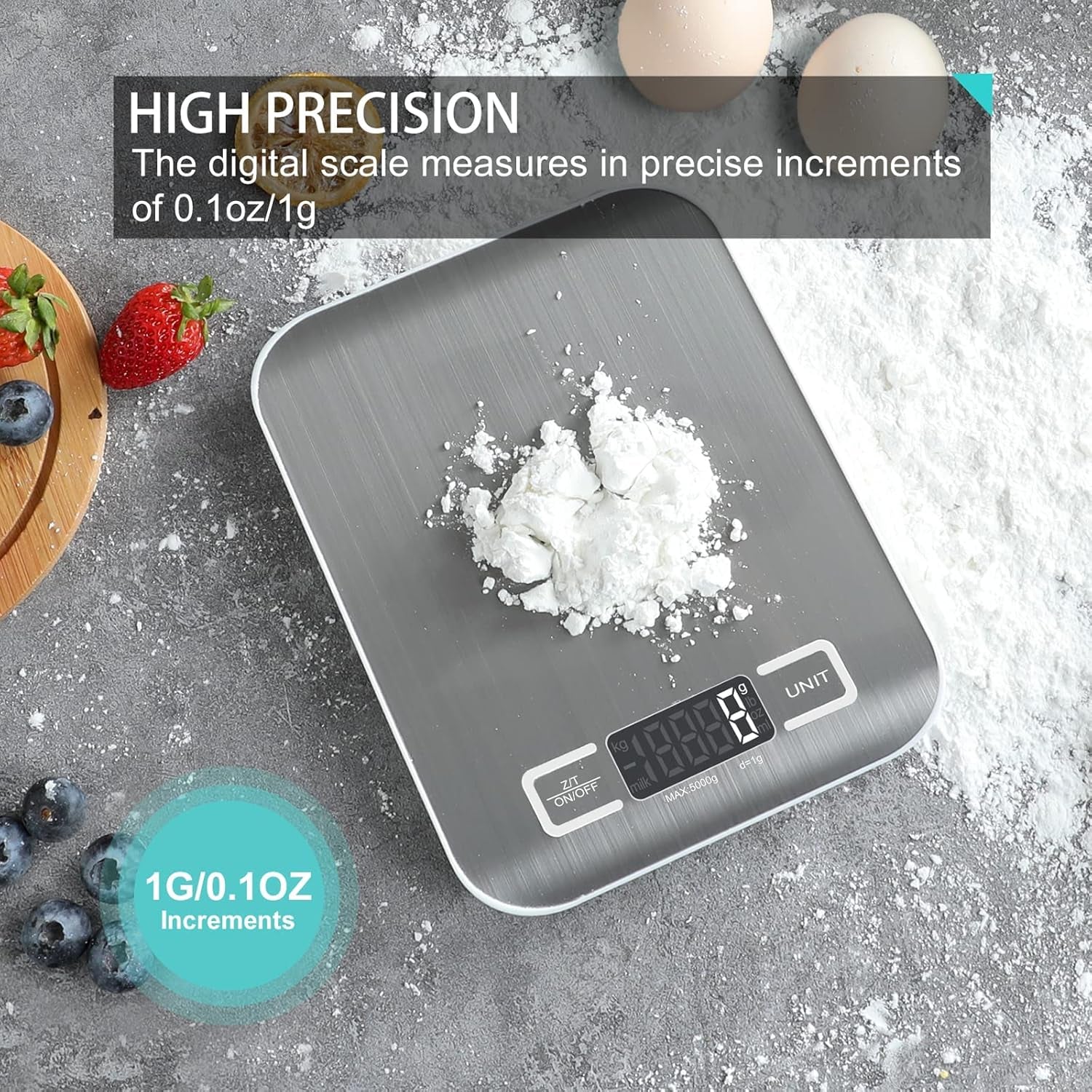 Digital Kitchen Scale,Food Scale for Meat Baking Weight,Unit Gram OZ Lb up 11 Lb(1G-5Kg),Silver Stainless Steel Anti-Fingerprint with Accuracy LCD Display for Cooking White(Include AAA Battery)