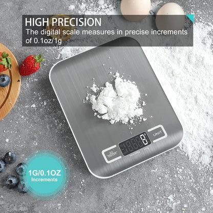 Digital Kitchen Scale,Food Scale for Meat Baking Weight,Unit Gram OZ Lb up 11 Lb(1G-5Kg),Silver Stainless Steel Anti-Fingerprint with Accuracy LCD Display for Cooking White(Include AAA Battery)
