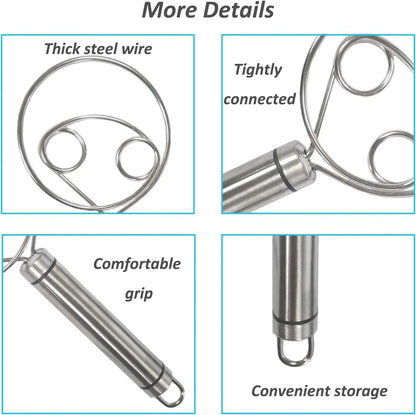 Stainless Steel Danish Dough Whisk Dishwasher Safe Dutch Bread Dough Mixer Hand Tool for Sourdough Pizza Pastry Cake Batter Tool