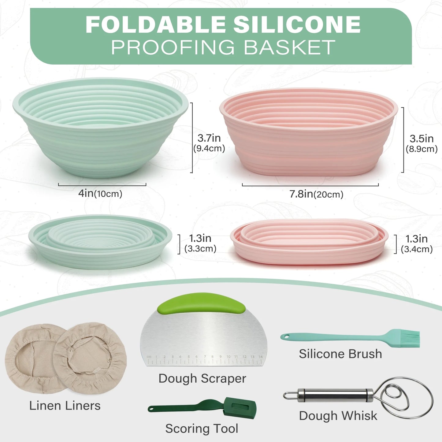 Silicone Banneton Bread Proofing Baskets W/Liners, 9" Round&10" Oval, Sourdough Starter Kit