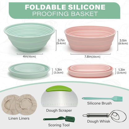 Silicone Banneton Bread Proofing Baskets W/Liners, 9" Round&10" Oval, Sourdough Starter Kit