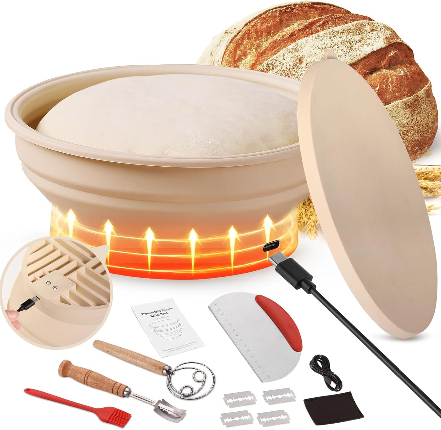 Revolutionize Your Baking with the 9-Inch Electric Thermostatic Silicone Sourdough Bread Proofing Basket Set - Perfect for Effortless Fermentation and Versatile Kitchen Use!