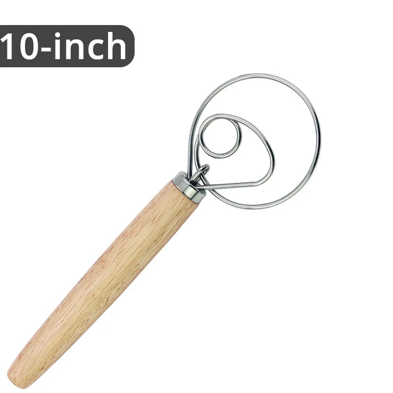 10Inch Danish Dough Whisk Stainless Steel Dutch Style Bread Dough Hand Mixer Wooden Handle Kitchen Baking Tools Artisian Blender