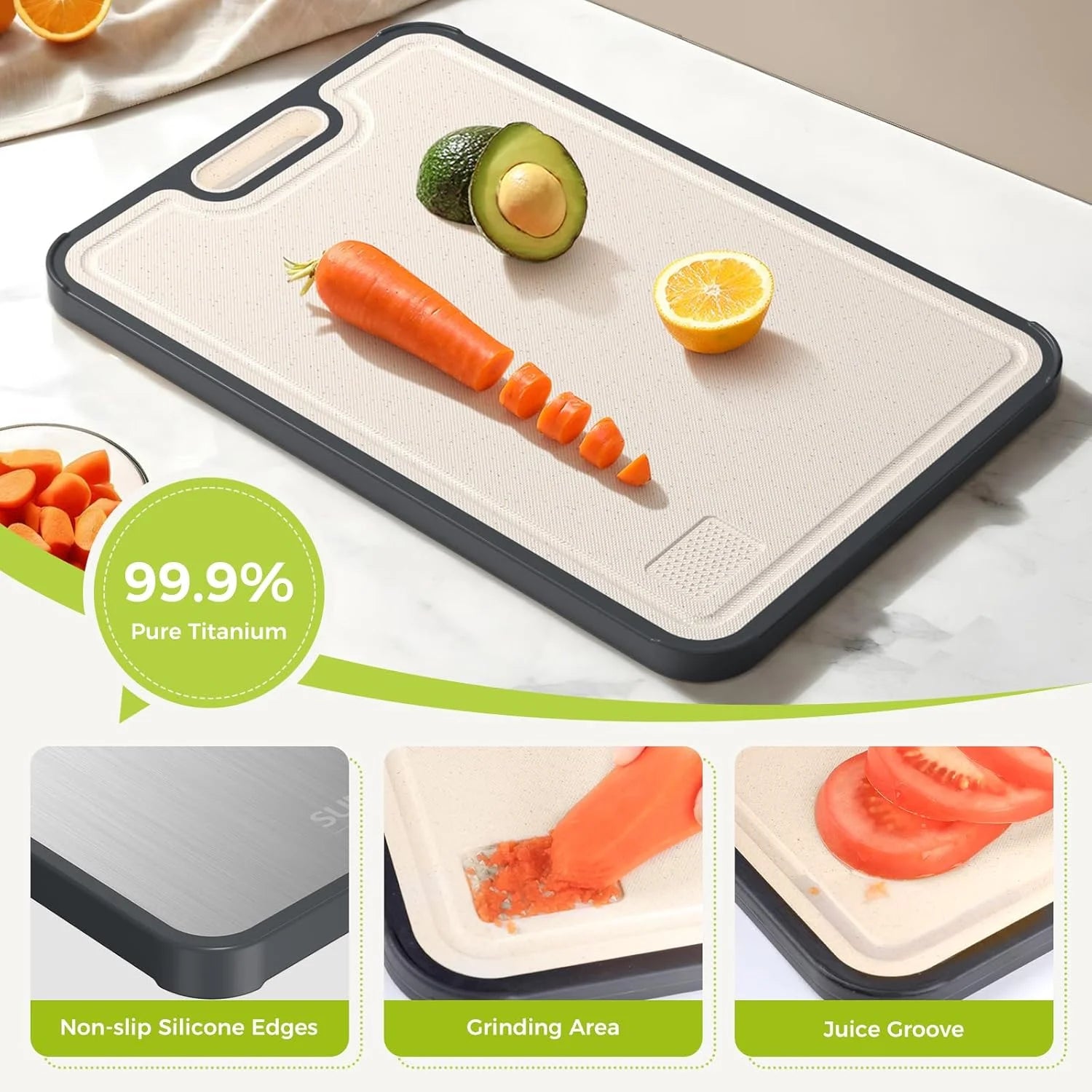 Double-Sided Titanium Cutting Board - Durable, Easy to Clean, Food Grade with Wheat Straw PP for Your Kitchen