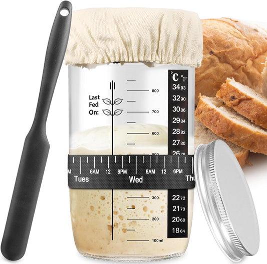 Sourdough Starter Kit, 34OZ Sourdough Starter Jar with Date Marked Feeding Band, Thermometercloth Cover & Metal Lid, Reusable Sourdough Bread Baking Supplies, Home Baking Gifts