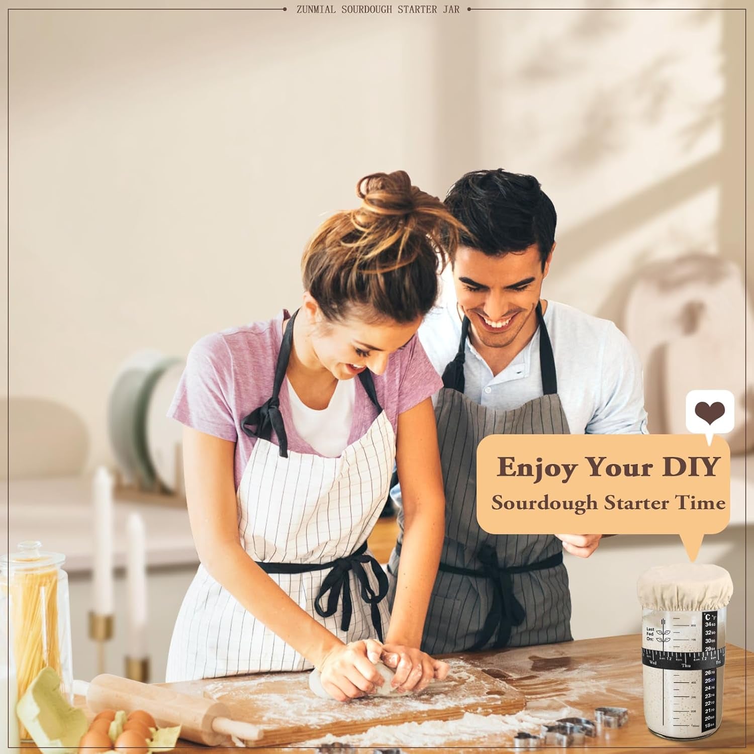 Sourdough Starter Kit, 34OZ Sourdough Starter Jar with Date Marked Feeding Band, Thermometercloth Cover & Metal Lid, Reusable Sourdough Bread Baking Supplies, Home Baking Gifts