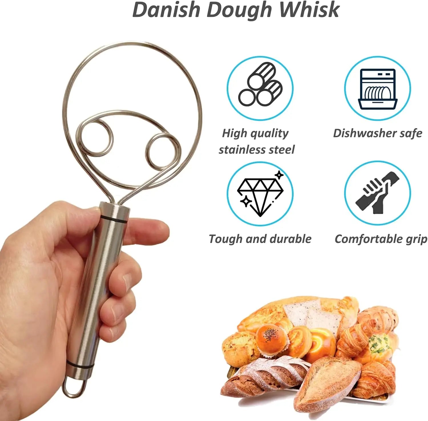 Stainless Steel Danish Dough Whisk Dishwasher Safe Dutch Bread Dough Mixer Hand Tool for Sourdough Pizza Pastry Cake Batter Tool