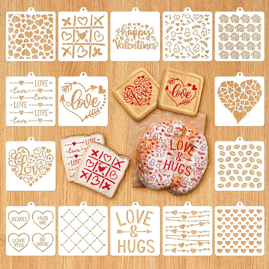 15 Pcs Valentine'S Day Cookie Stencils Painting Stencils Love Heart Shaped Decorative Cake Baking Templates with Bead Chain for Mother'S Day Party DIY Craft Decor, 4.7 X 5.1 Inch
