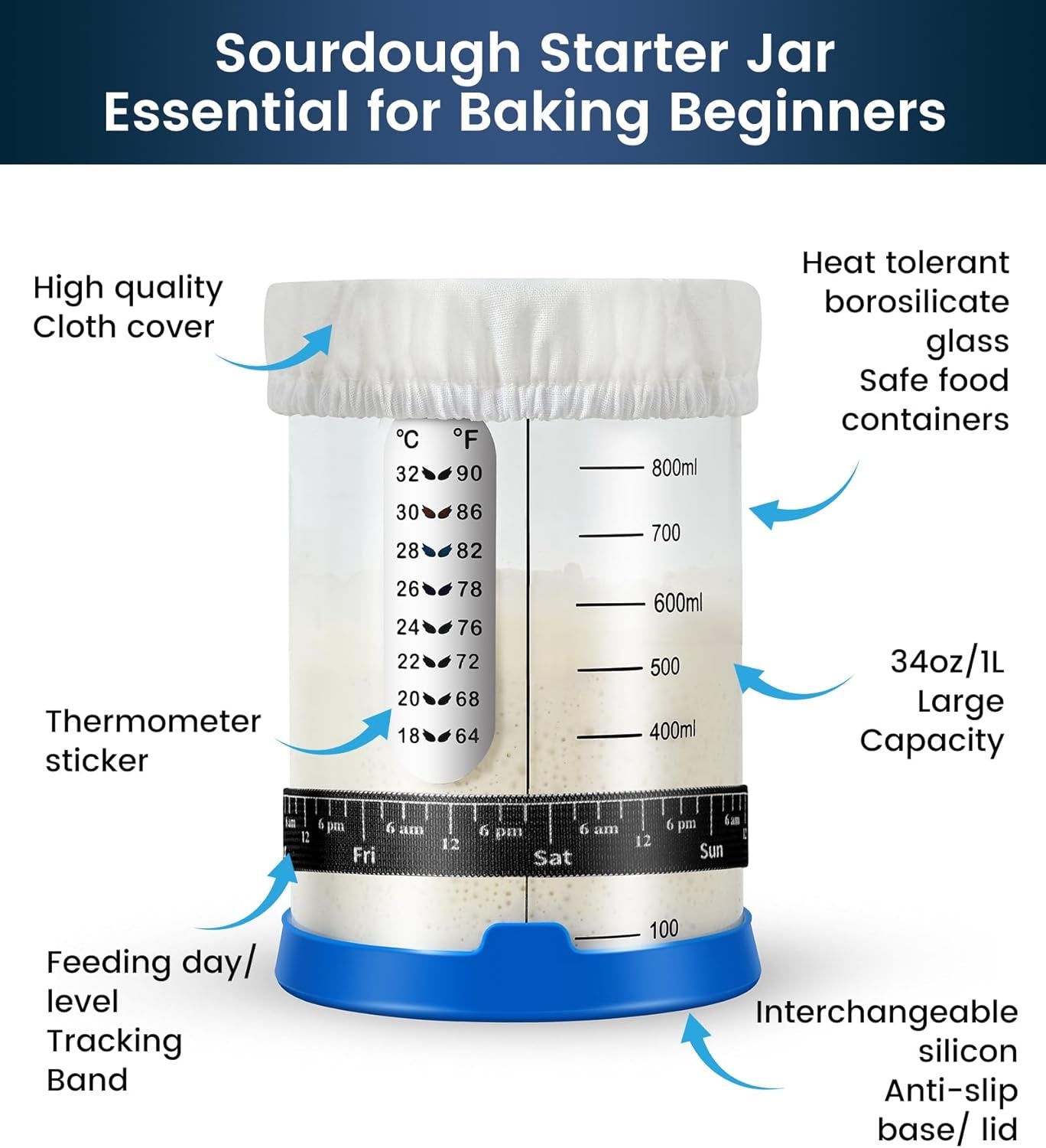 Sourdough Starter Jar,Sourdough Starter Kit – 2 Pack 34Oz Organic Sour Dough Glass Jars Wide Mouth,Fermenters Tool for Home Bakers,Bread Baking Supplies,Large Glass Container with Lid