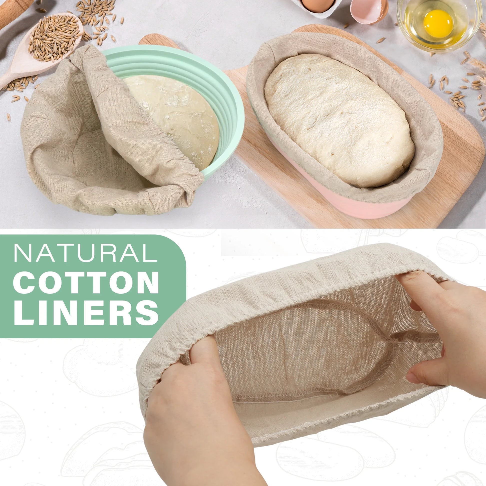 Silicone Banneton Bread Proofing Baskets W/Liners, 9" Round&10" Oval, Sourdough Starter Kit