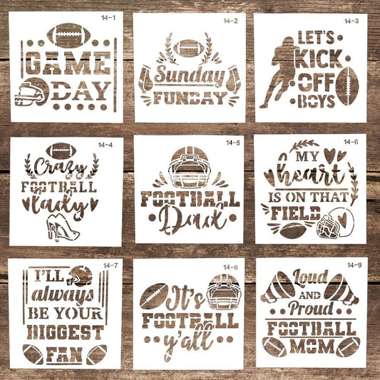 Transform Your Crafts with Our Football-Themed DIY Reusable Letter Stencil Set - Perfect for Painting on Cake, Wood, Canvas, and More! (Set of 9, 5.9 x 5.9 Inches)