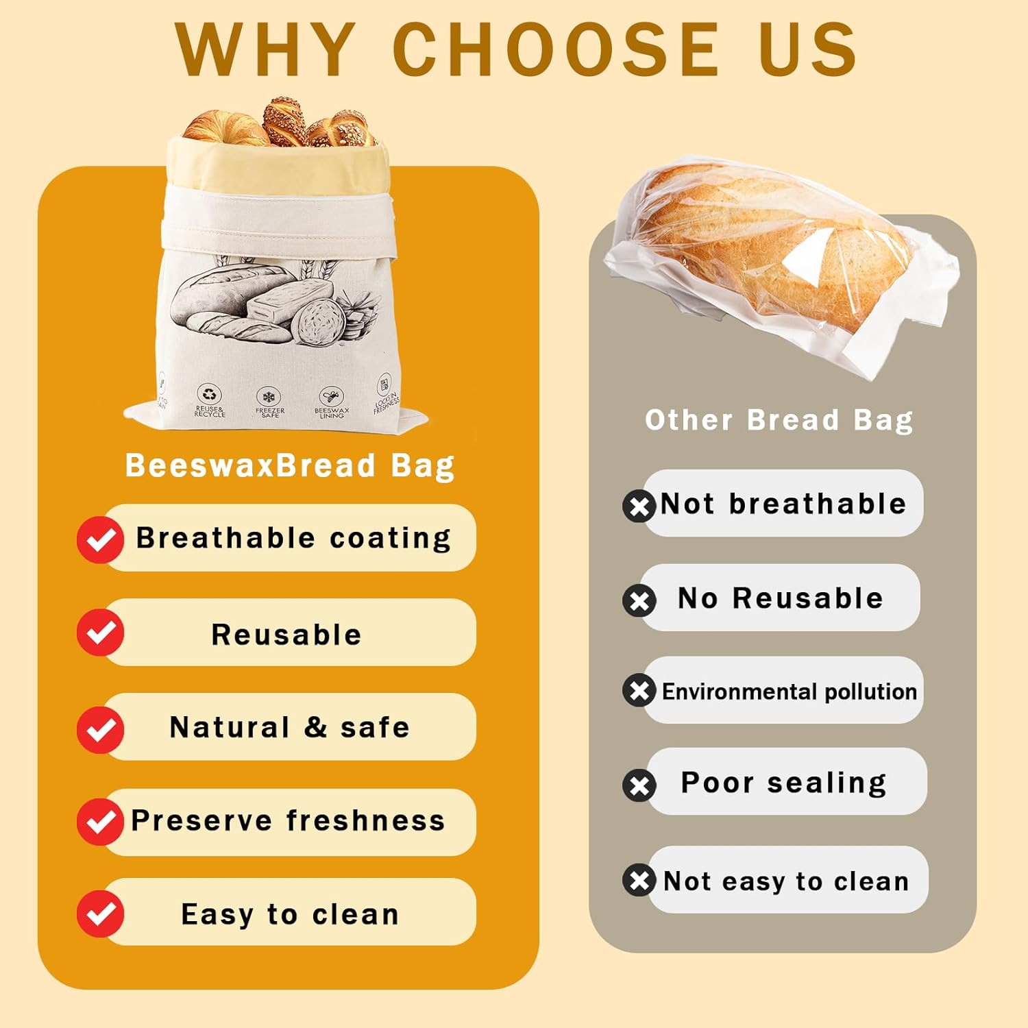 Keep Your Bread Fresh and Stylish with Our 2-Pack Reusable Beeswax Bread Bags in Ivory Loaf