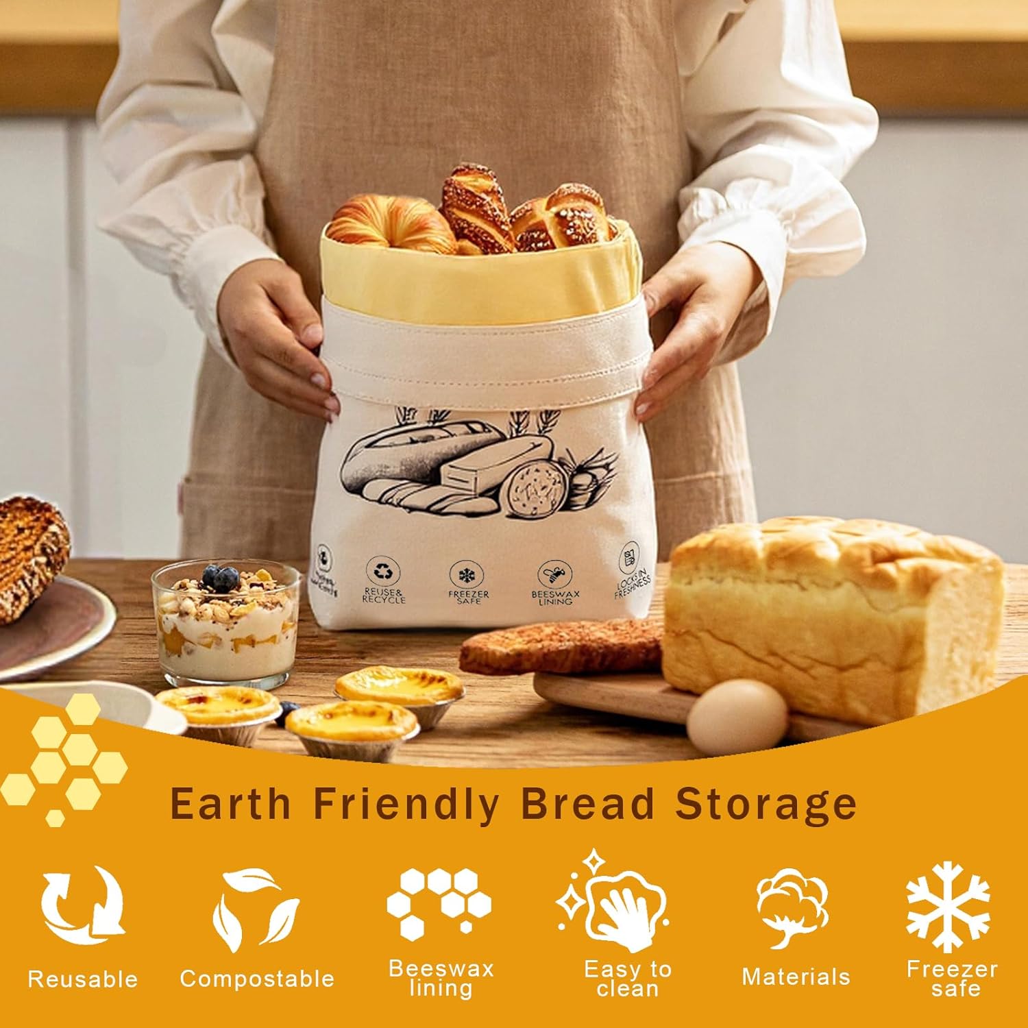 Keep Your Bread Fresh and Stylish with Our 2-Pack Reusable Beeswax Bread Bags in Ivory Loaf