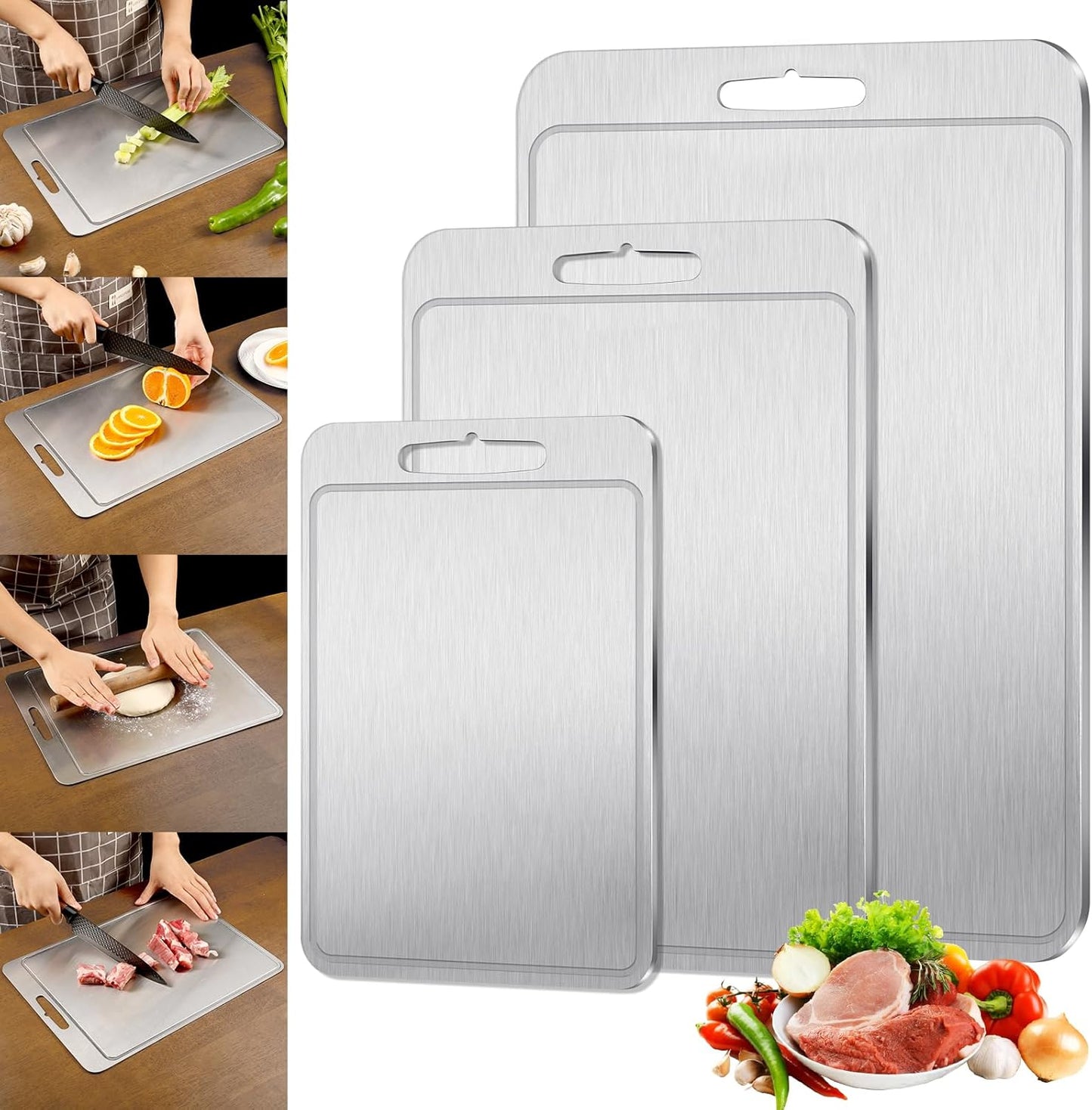 3Pcs Titanium Cutting Boards - 100% Pure Titanium, Double-Sided, Food Grade, Rust-Proof, Durable, Perfect for Meat, Fruit & Vegetables - Premium Kitchen Cutting Mat Holiday Gifts for Women Wife