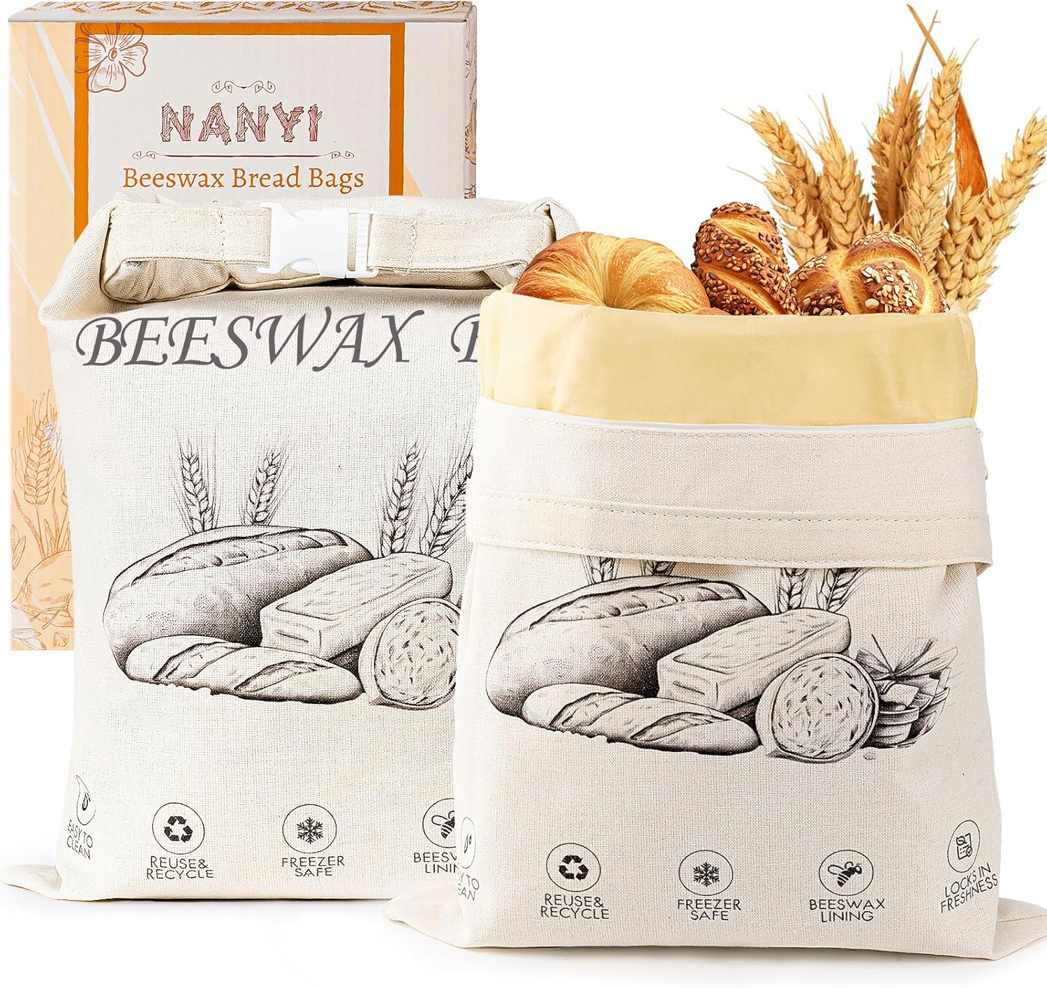 Keep Your Bread Fresh and Stylish with Our 2-Pack Reusable Beeswax Bread Bags in Ivory Loaf