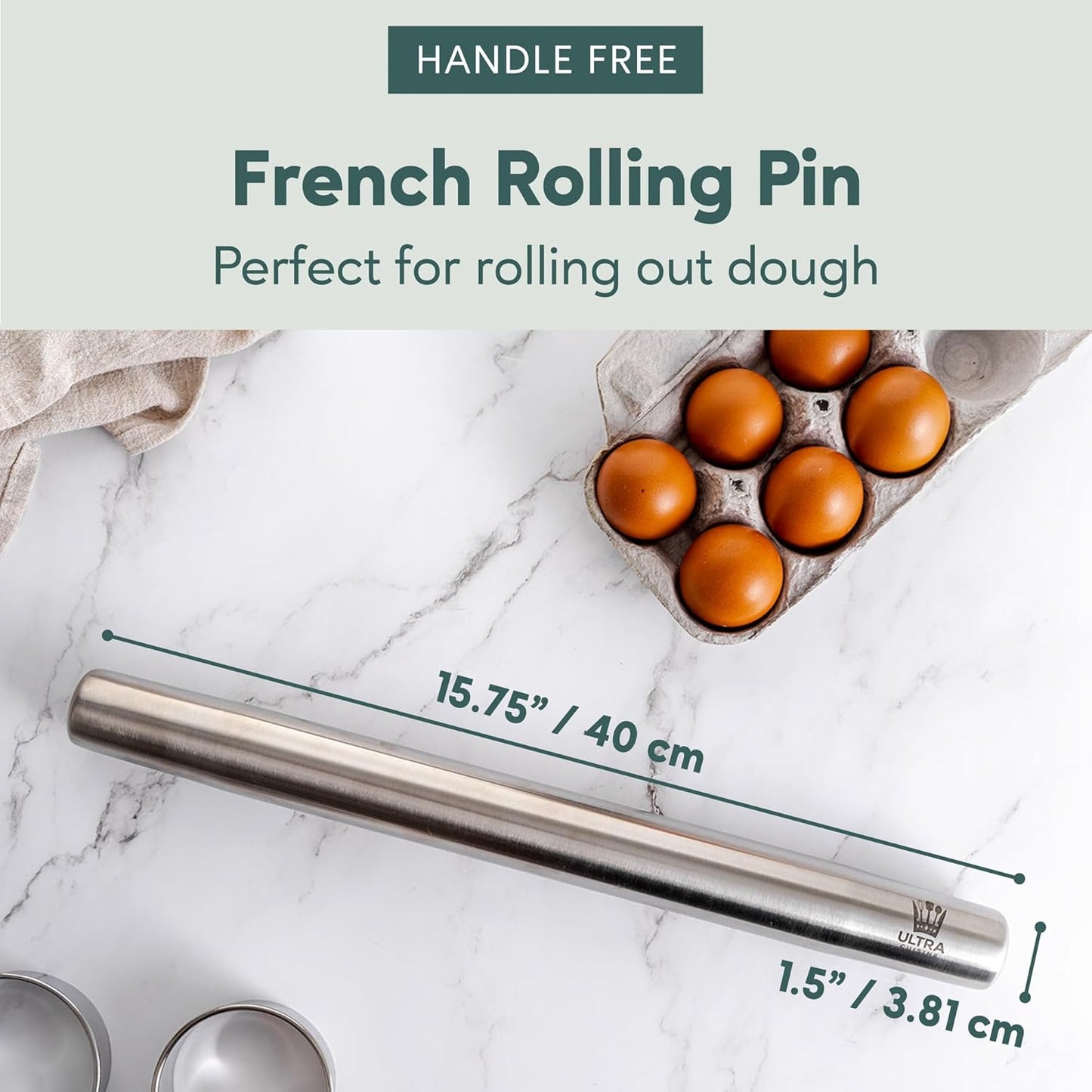 French Rolling Pin for Baking – Use with Pizza, Cookie, and Pastry Dough, Fondant and Pie Crust – Tapered Design Bread Roller Pin, Stainless Steel 15.75-Inch Large Roller Pin
