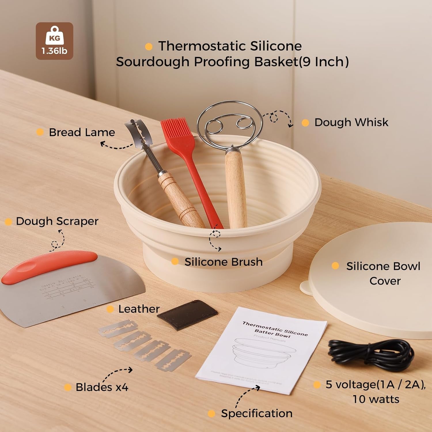Revolutionize Your Baking with the 9-Inch Electric Thermostatic Silicone Sourdough Bread Proofing Basket Set - Perfect for Effortless Fermentation and Versatile Kitchen Use!