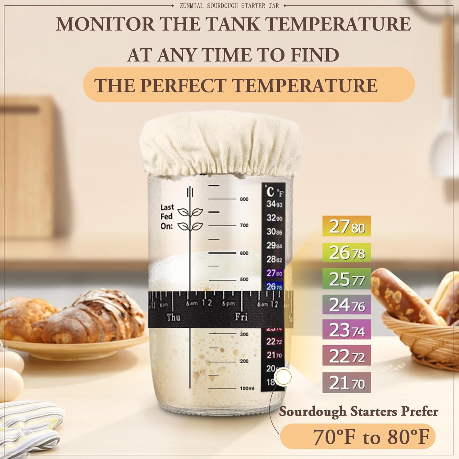 Sourdough Starter Kit, 34OZ Sourdough Starter Jar with Date Marked Feeding Band, Thermometercloth Cover & Metal Lid, Reusable Sourdough Bread Baking Supplies, Home Baking Gifts