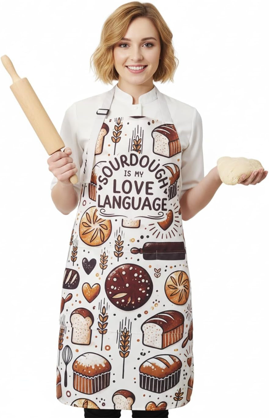 Sourdough Apron for Women with Pockets, Baking Gifts for Baking Lovers, Cute Bread Apron, Adjustable Neck Strap
