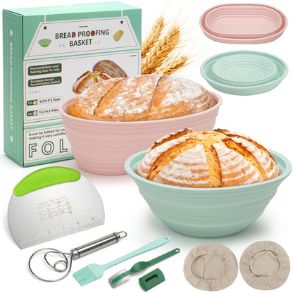 Silicone Banneton Bread Proofing Baskets W/Liners, 9" Round&10" Oval, Sourdough Starter Kit