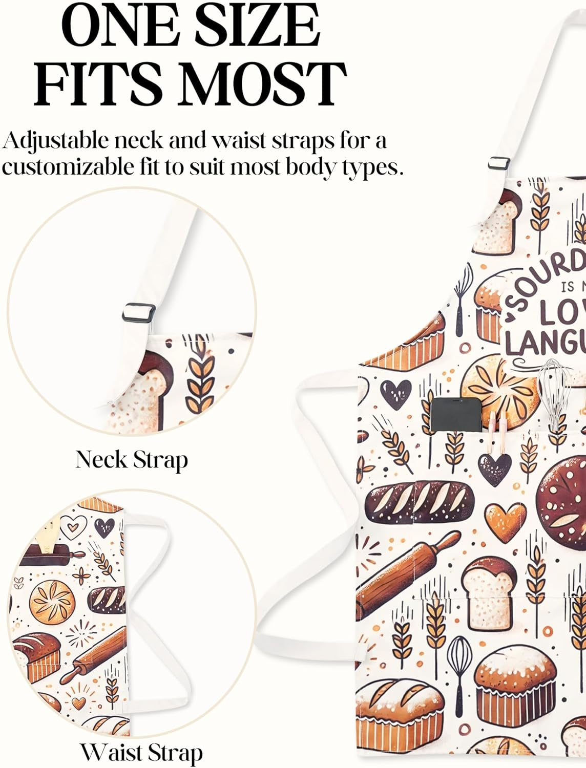 Sourdough Apron for Women with Pockets, Baking Gifts for Baking Lovers, Cute Bread Apron, Adjustable Neck Strap