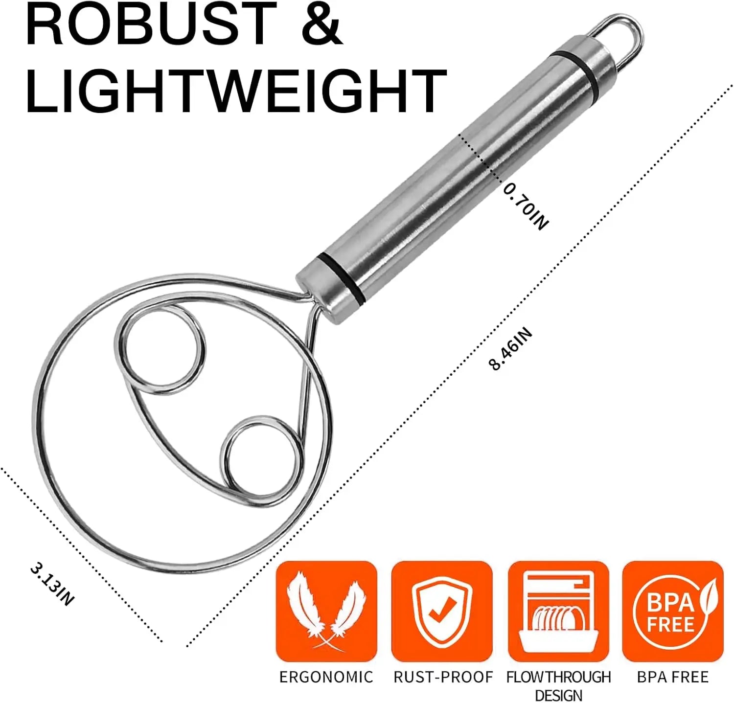 Stainless Steel Danish Dough Whisk Dishwasher Safe Dutch Bread Dough Mixer Hand Tool for Sourdough Pizza Pastry Cake Batter Tool