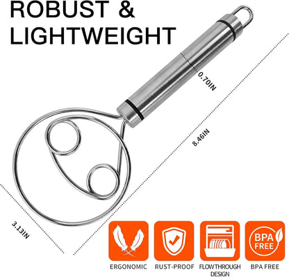 Stainless Steel Danish Dough Whisk Dishwasher Safe Dutch Bread Dough Mixer Hand Tool for Sourdough Pizza Pastry Cake Batter Tool