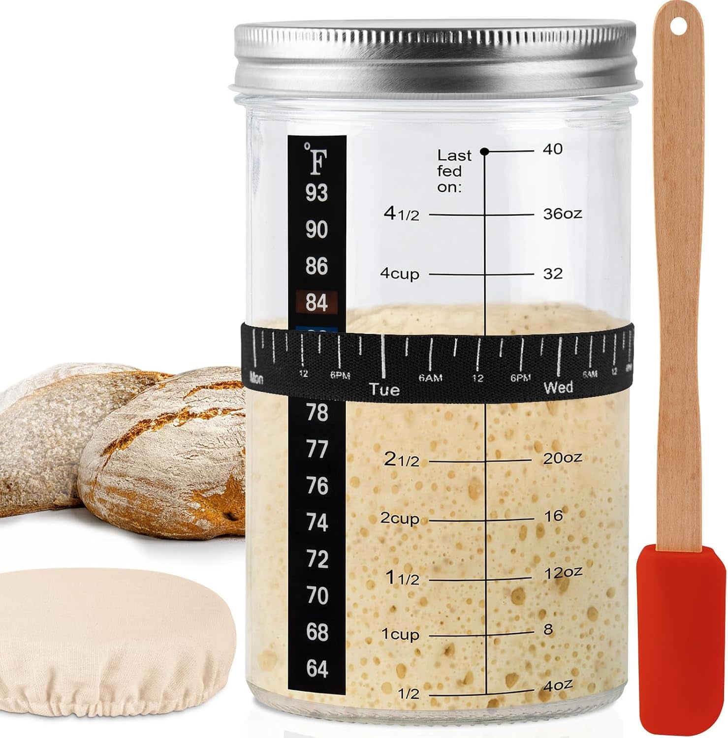 40Oz/1200Ml Sourdough Starter Kit – Extra Thermometer Strips and Breathable Covers Included in Sourdough Starter Jar – a Perfect Sourdough Bread Starter Kit for Beginners to Expert