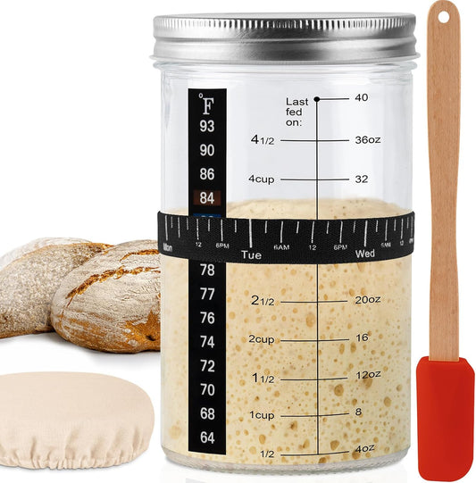 40Oz/1200Ml Sourdough Starter Kit – Extra Thermometer Strips and Breathable Covers Included in Sourdough Starter Jar – a Perfect Sourdough Bread Starter Kit for Beginners to Expert