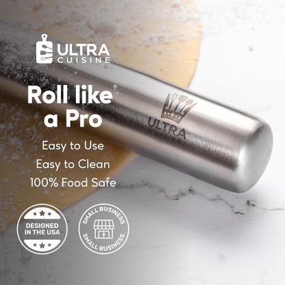 French Rolling Pin for Baking – Use with Pizza, Cookie, and Pastry Dough, Fondant and Pie Crust – Tapered Design Bread Roller Pin, Stainless Steel 15.75-Inch Large Roller Pin