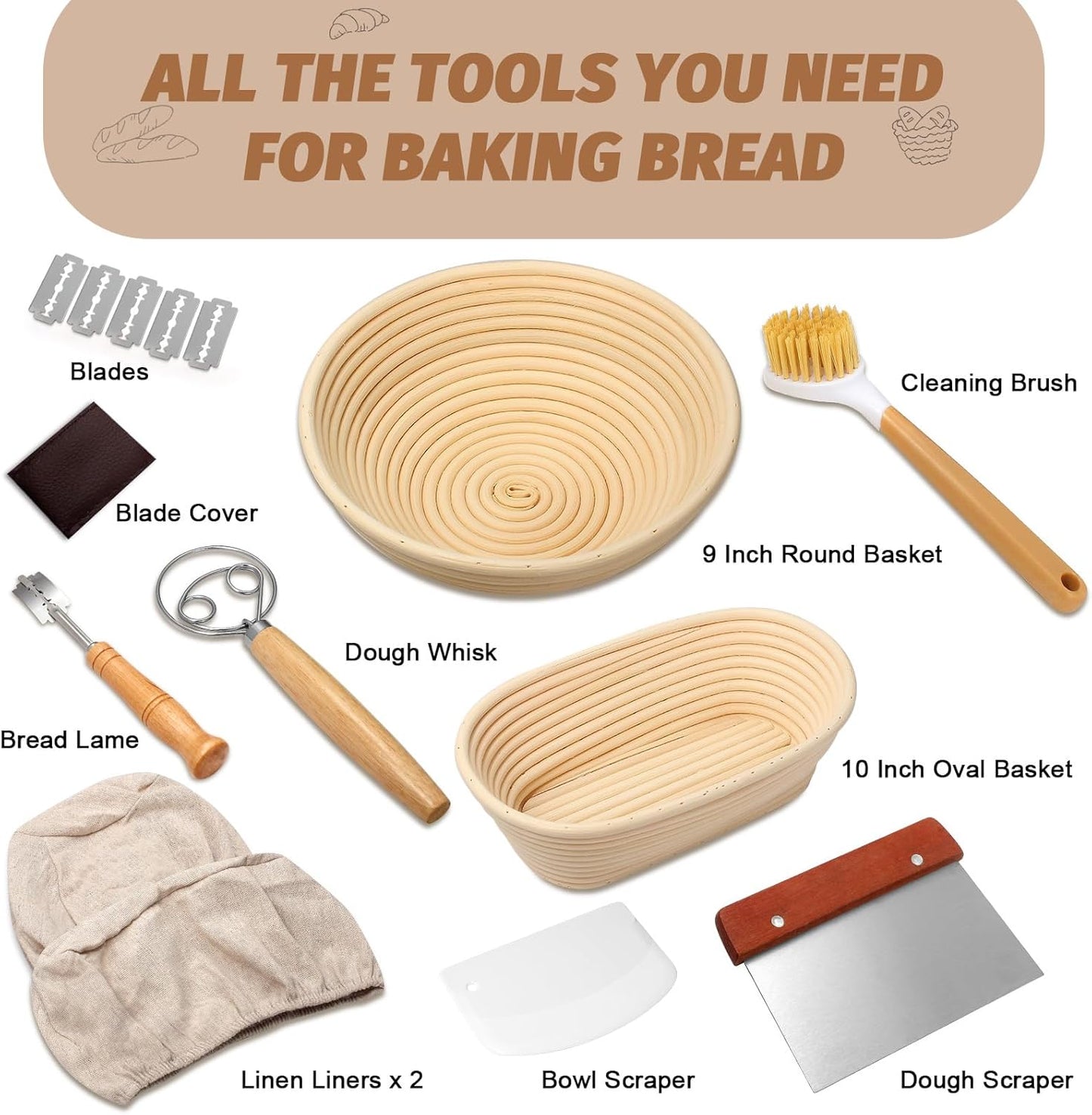 Sourdough Proofing Basket Gift Set, 9" round and 10" Oval Banneton Bread Baking Supplies, Sourdough Baskets with Bread Lame, Danish Whish, Bowl Scraper, Sourdough Scraper, and Linen Liners