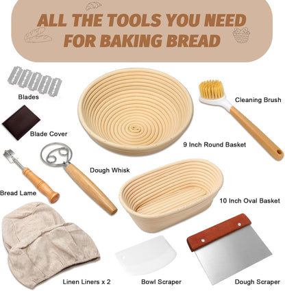 Sourdough Proofing Basket Gift Set, 9" round and 10" Oval Banneton Bread Baking Supplies, Sourdough Baskets with Bread Lame, Danish Whish, Bowl Scraper, Sourdough Scraper, and Linen Liners