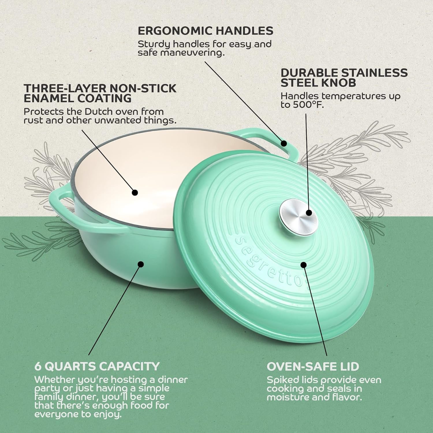 Enameled Cast Iron Dutch Oven, 6 Quarts, Light Green