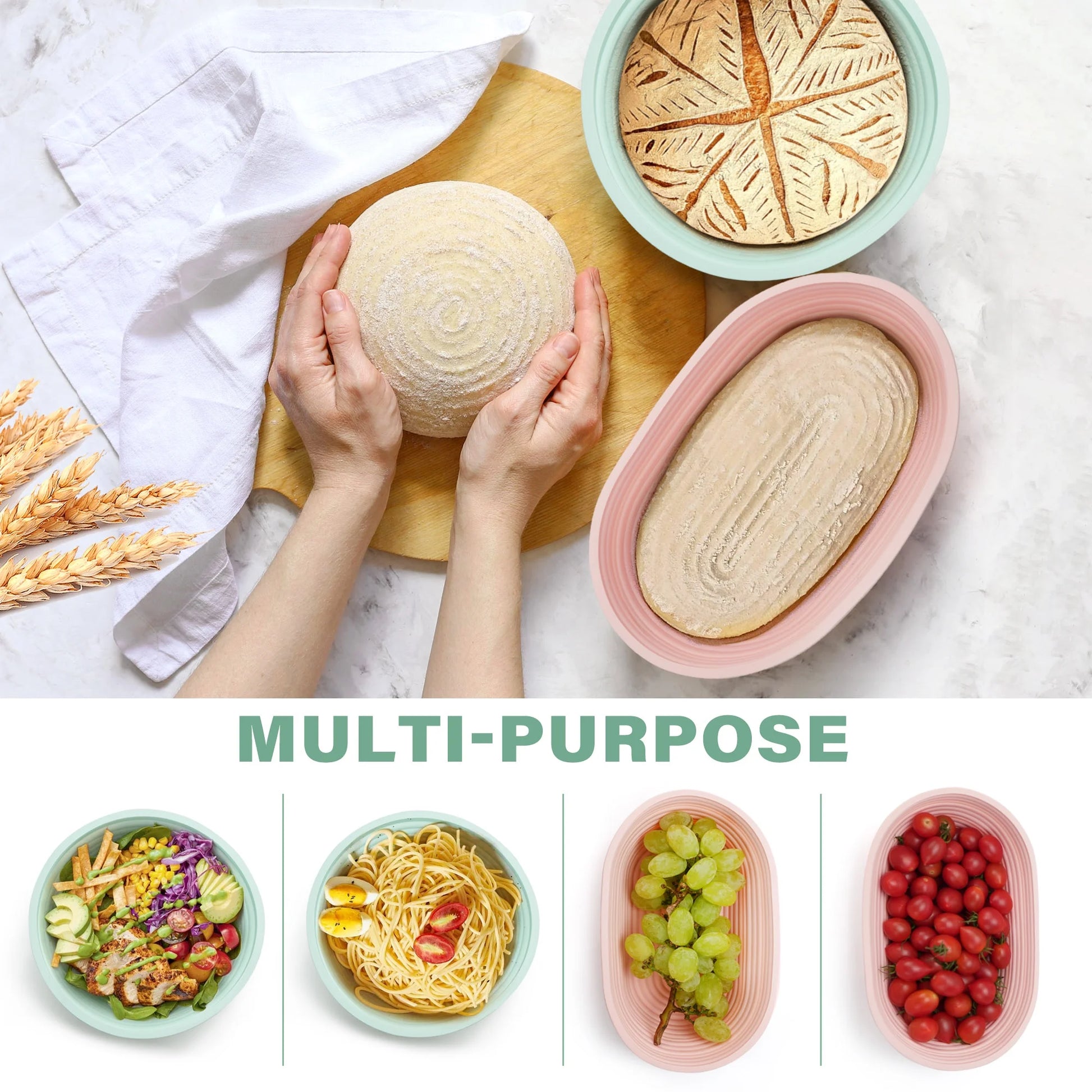 Silicone Banneton Bread Proofing Baskets W/Liners, 9" Round&10" Oval, Sourdough Starter Kit