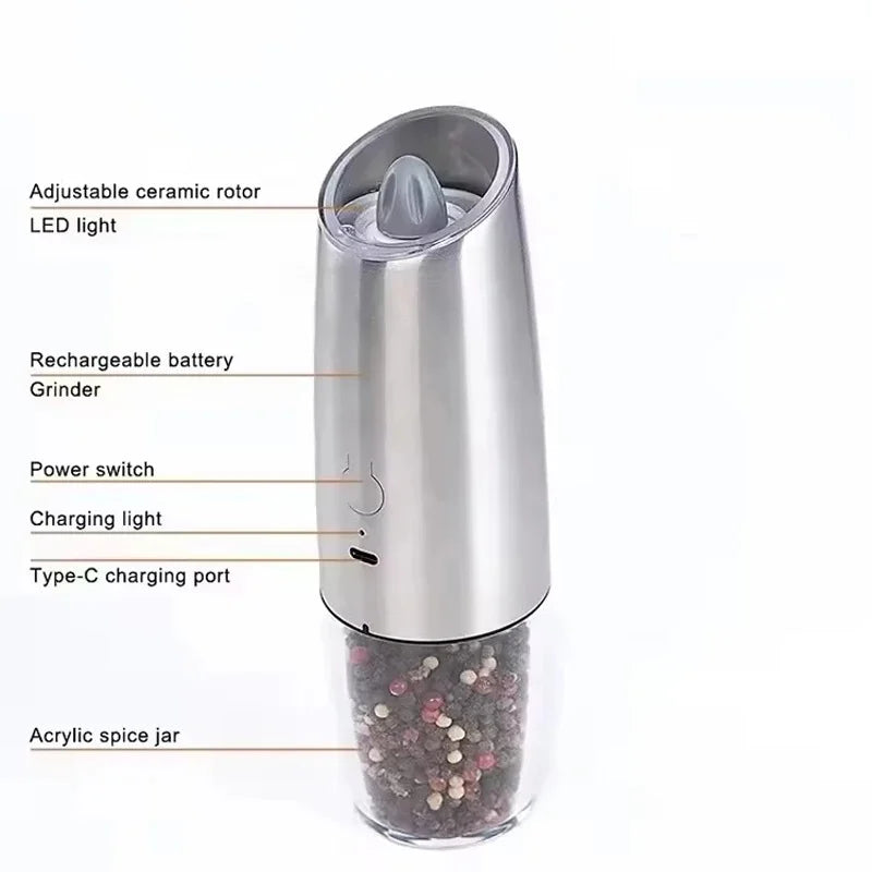 Gravity Induction Electric Salt and Pepper Grinder, USB Charging, Spice Shakers, Kitchen Tool, Pepper Mill Set, Seasoning Bottle